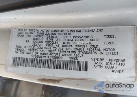 2004 Toyota Tacoma Prerunner V6 z USA, uszkodzony, nr VIN 5TEGN92N64Z358903